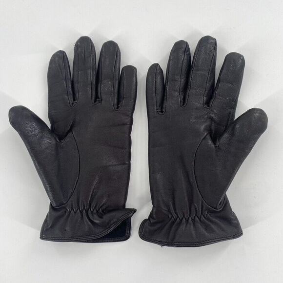 Vintage Womens Leather Gloves Sz L Black Fleece Lined Gathered Wrist - Picture 3 of 5